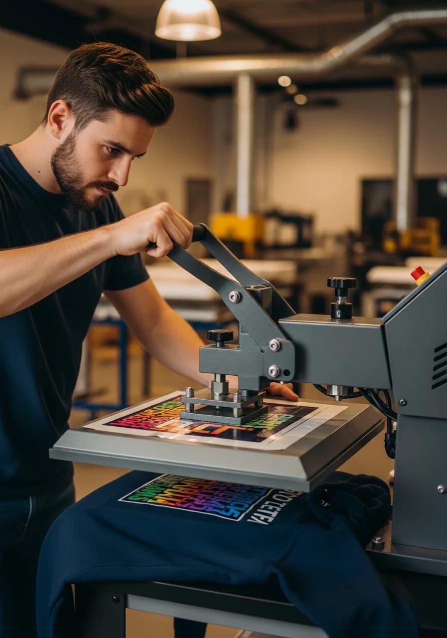 Man pressing DTF transfer on hoodie