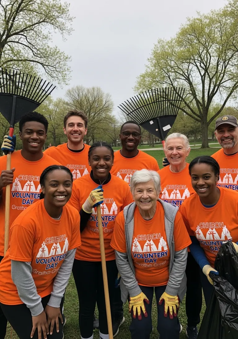 Church group wearing matching custom printed shirts at a community event