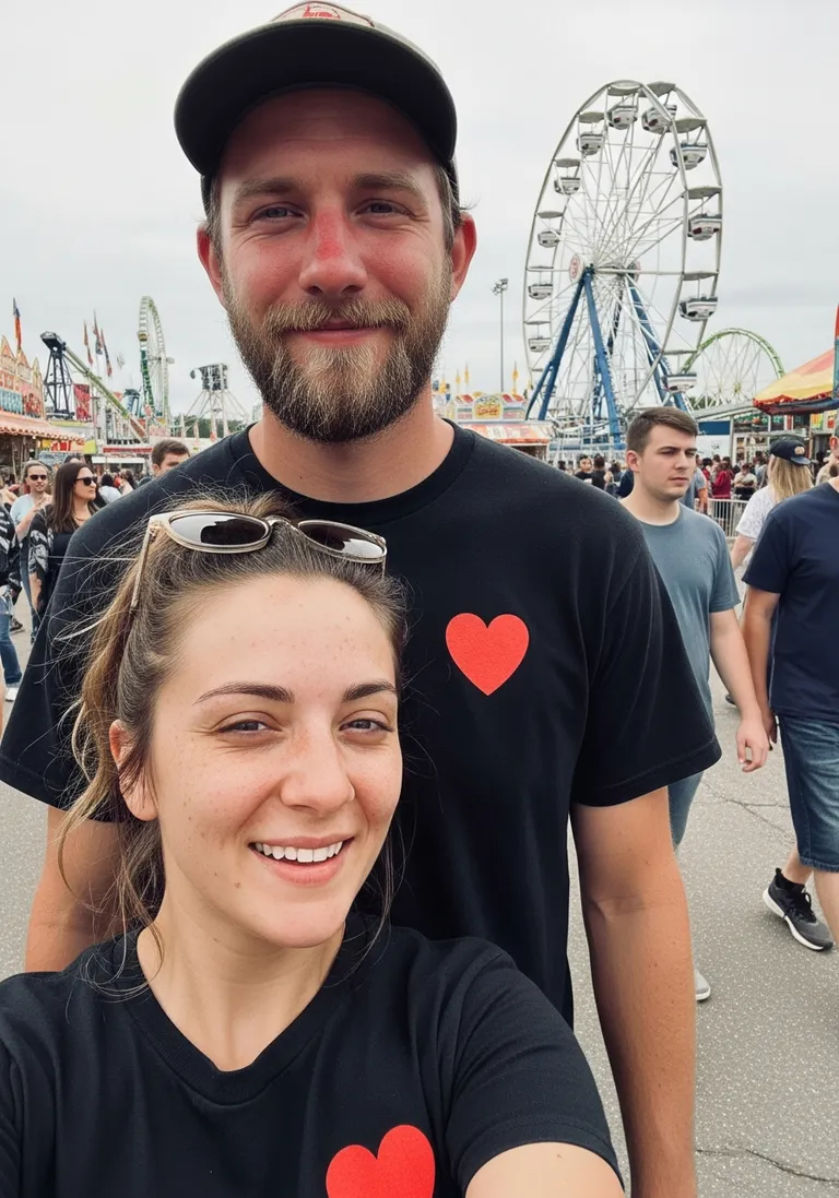 Couple wearing matching DTF printed shirts