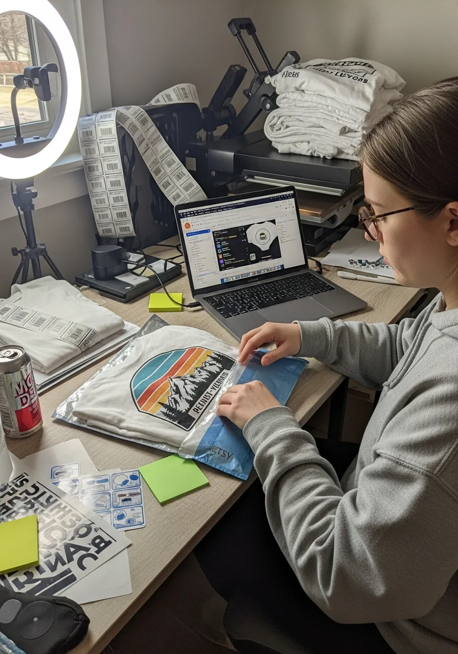 Online seller packing custom printed shirts for shipping at a home workspace