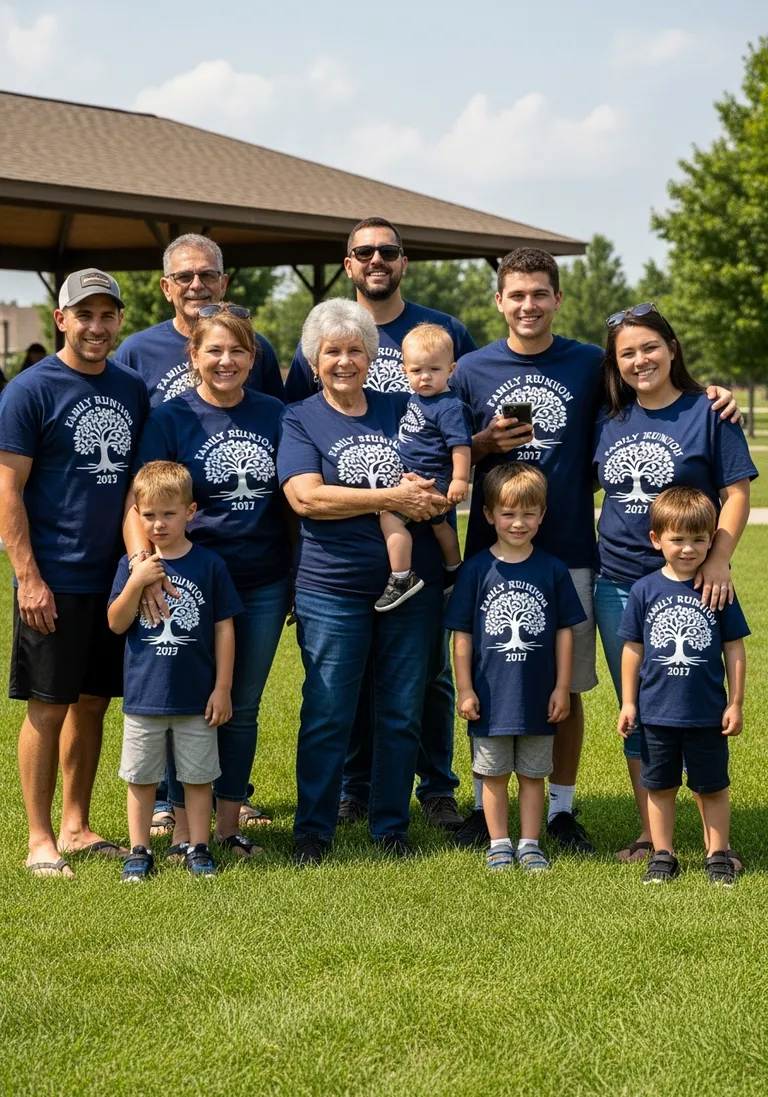 Extended family wearing matching custom printed reunion shirts at a park gathering