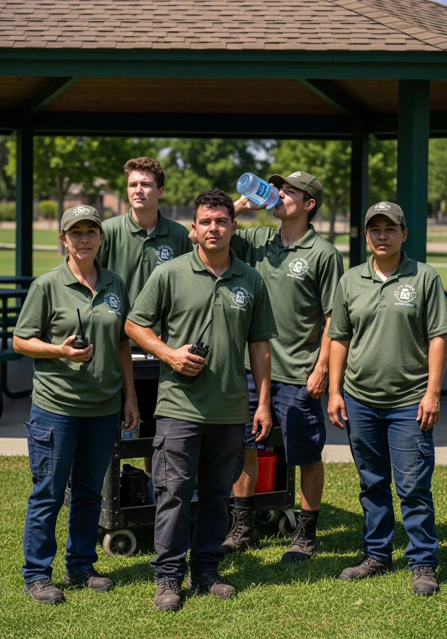Municipal workers wearing matching department branded shirts at a community event