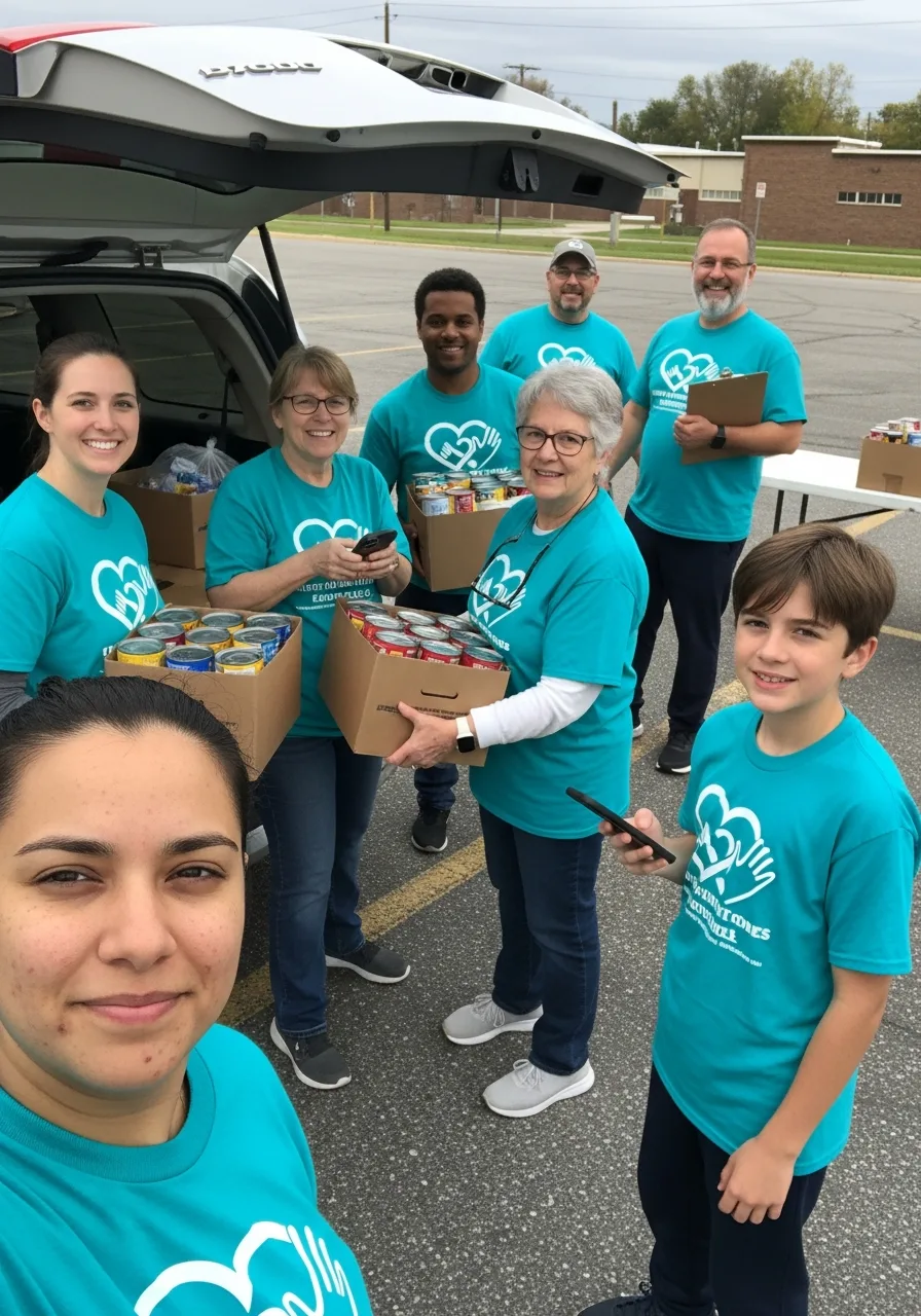 Nonprofit volunteers wearing matching cause-themed shirts at a community event