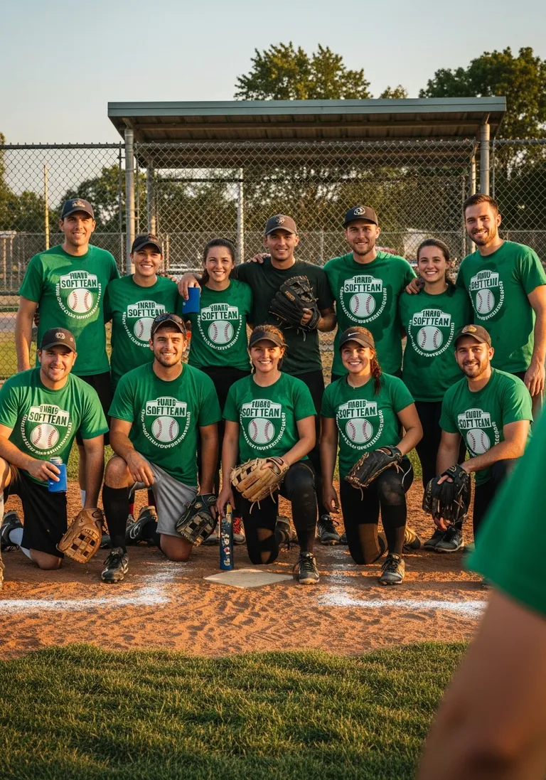 Sports team posing together in matching custom printed jerseys on a field
