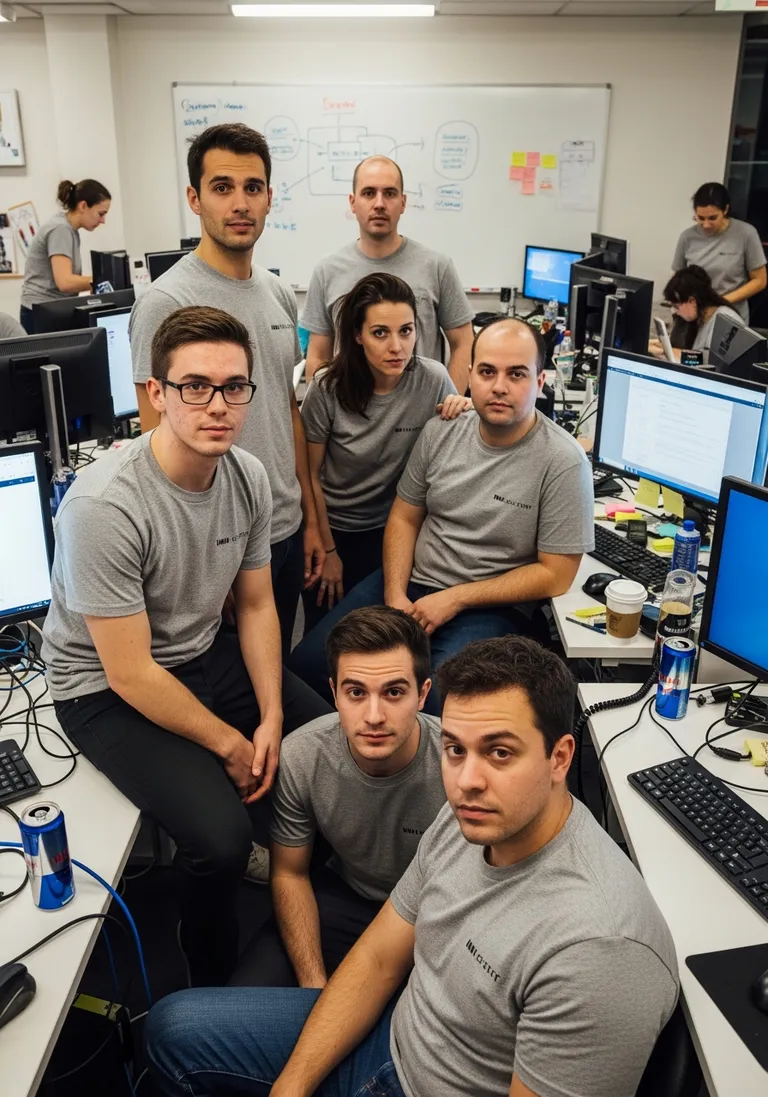 Startup team in branded DTF shirts