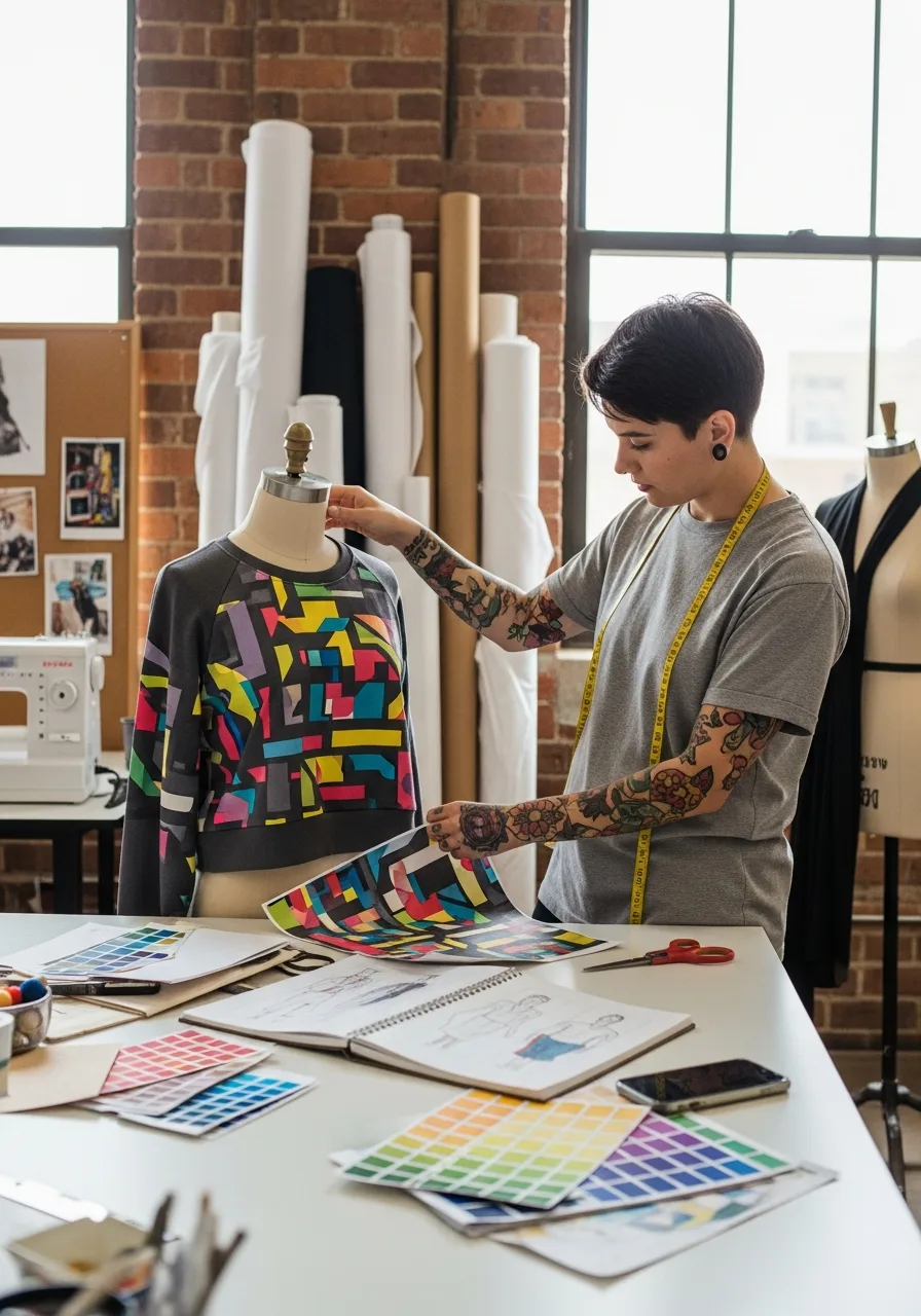 Fashion designer examining a custom DTF printed garment sample in a studio