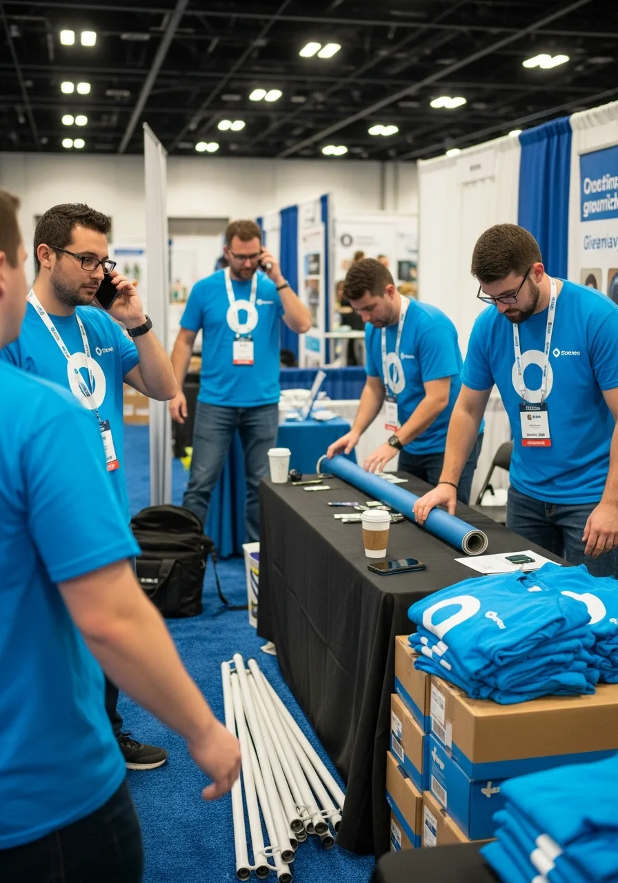 Trade show booth staff wearing matching branded shirts at an exhibition hall