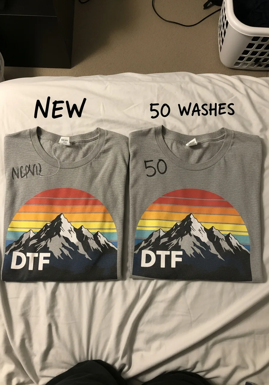 New DTF printed shirt compared to same shirt after 50 washes