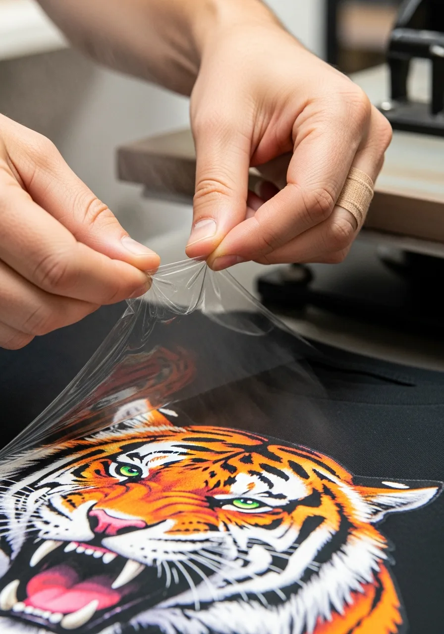 Peeling DTF transfer film off a freshly pressed shirt revealing vibrant design