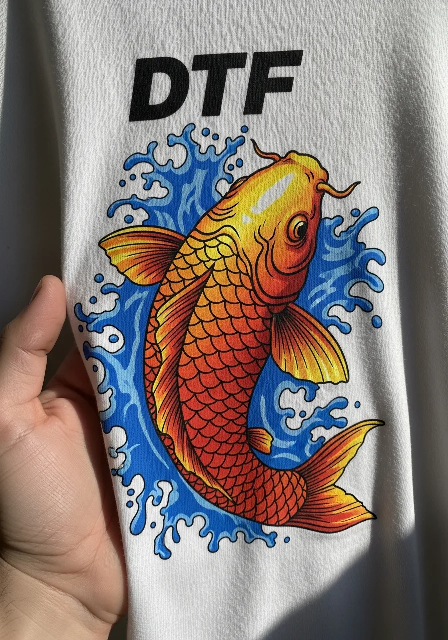Close-up of vibrant full-color DTF print on a white t-shirt