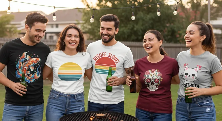 Friends wearing custom DTF printed t-shirts at a BBQ